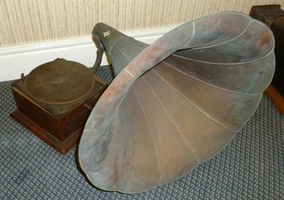 Lot 1179 - Three Wooden Table Top Gramophones - oak cased horn gramophone with large tinplate horn, oak...