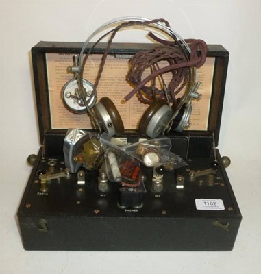 Lot 1182 - A BBC Crystal Receiver Set, with black leatherette covered wooden body, crystals and two sets...