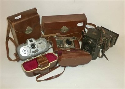 Lot 1187 - Five Cameras - Zeiss Ikon 'Coffee Can' twin lens reflex camera, chrome Contax 35mm camera,...