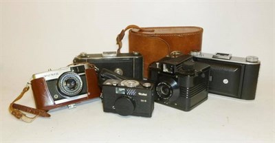 Lot 1192 - Five Cameras - Ensign Ranger II, cased, Rollei 35B, cased, Olympus Trip 35, Voightlander...