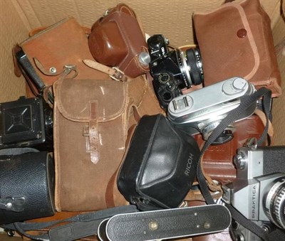 Lot 1207 - Mixed Cameras, including a No.2 Hawkette in brown bakelite, Halina 35X, Olympus OM-1, Ricoh...