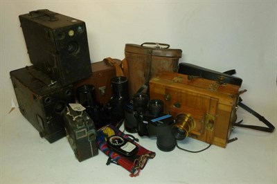 Lot 1210 - Cameras and Binoculars, including a refinished mahogany and brass plate camera with...