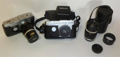 Lot 1260 - Two Chrome Olympus Pen Cameras - FT No.295627 with Zuiko Auto-S f1.8/38mm lens & F No.190530,...