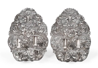 Lot 414 - A Pair of White Metal Wall Sconces, unmarked, in the 17th century style, the shaped backs...