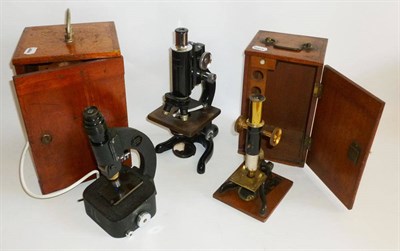 Lot 1025 - Three Microscopes - Watson 'Service' No.86708, with black enamelled finish, Britex Student...