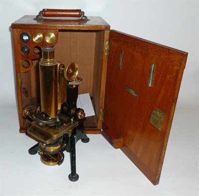 Lot 1026 - A Lacquered Brass and Black Enamelled Monocular Compound Microscope by W.Watson & Sons, London,...