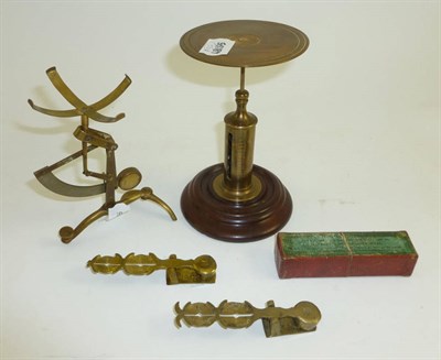 Lot 1046 - Four Small Brass Scales - candlestick postal scale on a mahogany base, two sovereign balances...