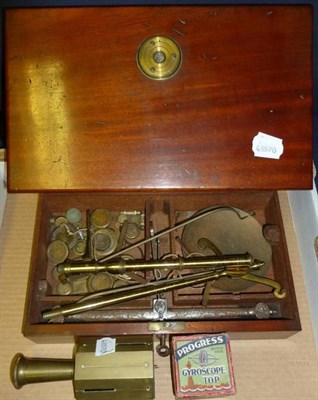 Lot 1047 - A Mahogany Cased Portable Brass Beam Scale, with weights; A Brass Cross Staff Head; A Boxed...