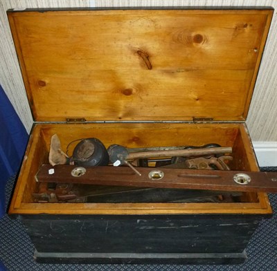 Lot 1064 - A Pine Tool Box, containing a collection of woodworking tools, including saws, adzes, chisels &...