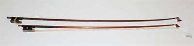 Lot 1078 - Two Violin Bows:- French gold mounted child's bow, the ebony frog with pearl eyes, with...