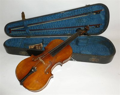 Lot 1084 - A 19th Century German Violin, no label, with 356mm two piece back, ebony tuning pegs, together with