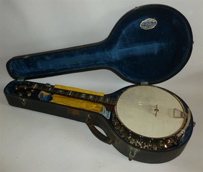 Lot 1089 - A 4-String Tenor Banjo, with 28cm velum head, inlaid wooden resonator, mahogany neck, mother of...
