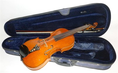 Lot 1091 - A 19th Century French Violin, no label, with 356mm two piece back, ebony tuning pegs, together with