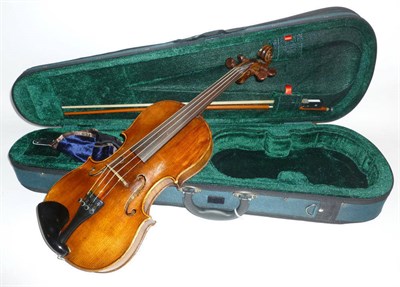 Lot 1105 - A 19th Century German 3/4 Size Violin, no label, with 336mm two piece back, with a bow, in a fitted