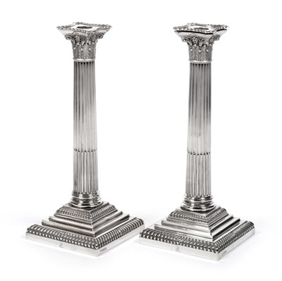 Lot 425 - A Pair of Silver Corinthian Column Candlesticks, Hawksworth, Eyre & Co Ltd, Sheffield 1913/1914, of