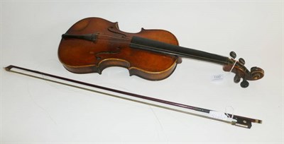 Lot 1143 - A 19th Century German Violin, no label, with a 358mm two piece back, ebony tuning pegs, with a bow