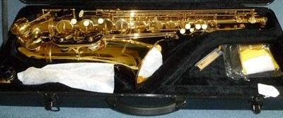 Lot 1151 - A Lacquered Brass 'Sunrise' Tenor Saxophone, with faux mother of pearl inset keys, mouthpiece...