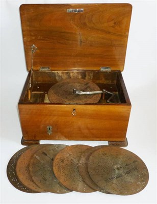 Lot 1180 - A 19th Century Walnut Cased Musical Disc Player, with steel baseplate, 7.5cm steel comb...