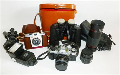 Lot 1190 - Camera Equipment, including a Canon AE-I camera with FD f1.8/50mm lens, Clubman auto lens,...