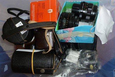 Lot 1199 - Four Cameras - Zorki 4K in stitched leather case, Canon AE-1 in leather case, Ensign Selfix...