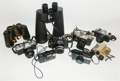 Lot 1201 - Cameras and Binoculars, including Fujica STX-1, Minolta X-500, Zenit 122, Zenit E, Greenkat 20 x 80