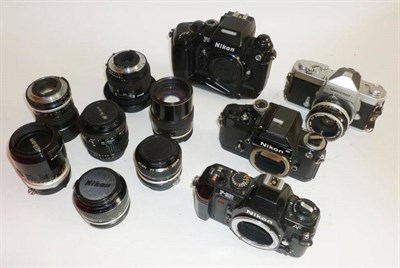 Lot 1211 - Nikon Cameras and Lenses, comprising F2 Photomic body, F4 body, 501 body, Nikkormat FT with...