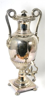 Lot 437 - A 19th Century Silver Plated Tea Urn, the urn shaped body with twin loop handles with mask...