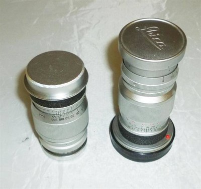 Lot 1233 - Two Leica Elmar 90mm f/4 Chrome Lenses - No.1766486 with bayonet mount and No.875905 with screw...