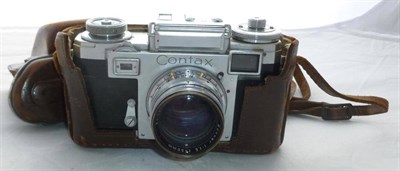 Lot 1242 - A Zeiss Ikon Contax IIIa Camera No.V21771, with Sonnar f1.5/50mm lens, in stitched leather case