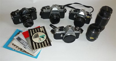 Lot 1249 - Four Pentax Cameras - SP Spotmatic with Super-Takumar f/3.5 35mm lens, two ME Super, one with...