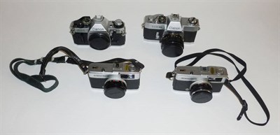 Lot 1250 - Four 35mm Cameras - Canon EX Auto No.221778, with EX f/1.8 50mm lens, Canon AE-1 and two...