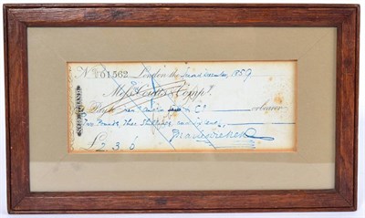 Lot 7 - Dickens, Charles Framed Coutt's cheque dated ''Second December 1859'' for two pounds, three...