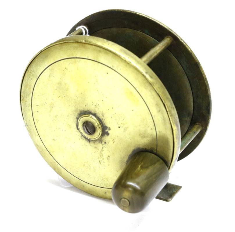 Lot 3028 - A 4inch Brass Salmon Fly Reel, with fat horn handle together with a Greenheart rod (2)