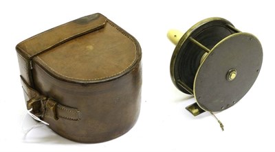 Lot 3029 - A Chas Farlow 4 1/4inch Brass Salmon Fly Reel, with fat ivorine handle, in block leather case
