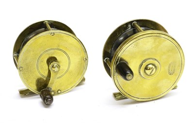 Lot 3054 - An Allcocks 2 1/2inch Brass Fly Reel, with tapered horn handle, enclosed oval logo, together with a