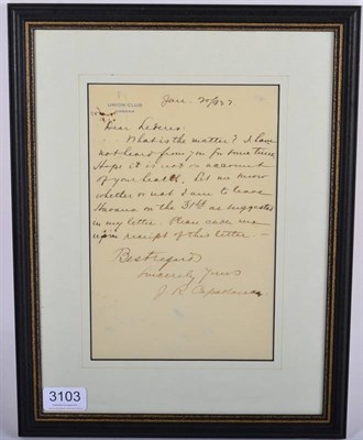 Lot 3103 - Jose Raul Capablanca Handwritten Letter to Dr N L Lederer reading 'Dear Lederer, What is the...