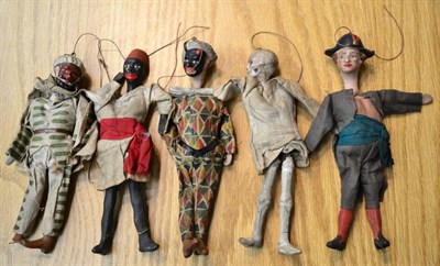 Lot 3106 - Composition Puppet Figures including Skeleton, Harlequin and three others each approx. 7'',...