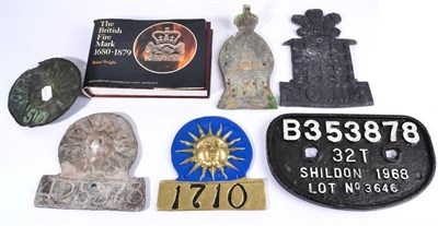 Lot 3107 - Firemarks Sun Assurance and Royal Exchange both lead, tin Sun Assurance and two reproduction...
