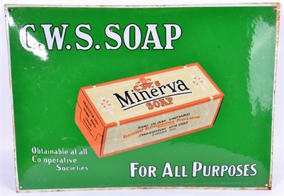 Lot 3113 - CWS Soap Enamel Advertising Sign CWS Minerva Soap on green ground, the sign is convex 21x15'',...
