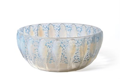 Lot 481 - A René Lalique Perruches Clear, Frosted and Opalescent Glass Bowl, with blue staining, moulded...