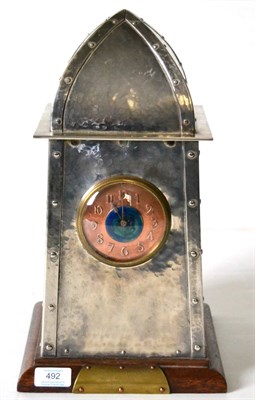 Lot 492 - An Arts & Crafts Electroplated Mantel Clock, 3-1/4 " dial, Arabic numeral copper chapter ring...