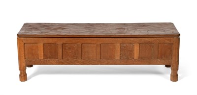 Lot 521 - A Robert  "Mouseman " Thompson Panelled Oak Blanket Box, with wrought-iron hinges, on four...