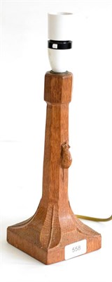 Lot 558 - A Robert  "Mouseman " Thompson Oak Table Lamp, octagonal column on a square base, with carved mouse