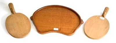 Lot 563 - A Robert  "Mouseman " Thompson Oak Kidney Shaped Tea Tray, with two carved mice handles, 48cm;...