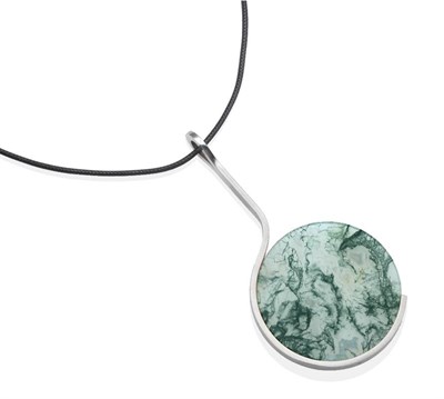 Lot 2015 - A Danish Silver Moss Agate Pendant, by Jens Asby, a circular moss agate disk in a half frame,...