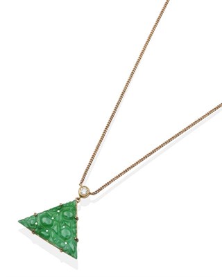 Lot 2050 - A 9 Carat Gold Jade and Diamond Pendant, a round brilliant cut diamond in a rubbed over setting...