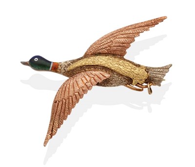 Lot 2052 - An Early Twentieth Century Enamel Duck Brooch, modelled in flight, with rose coloured wings, yellow