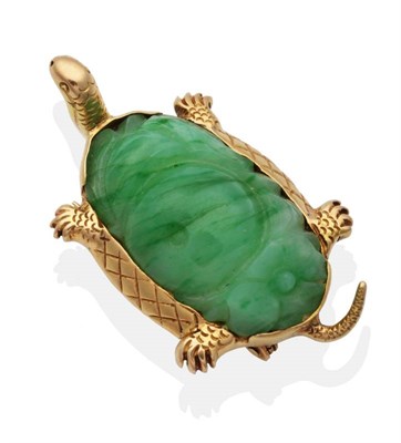 Lot 2058 - A Jade Turtle Brooch, with a shell inset with a carved jade plaque, depicting fruit and...
