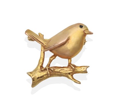 Lot 2062 - A 9 Carat Gold Robin Brooch, by Harriet Glen, modelled as a matt polished robin with a sapphire set