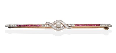 Lot 2090 - An Early Twentieth Century Cultured Pearl, Diamond and Ruby Bar Brooch, a central cultured...